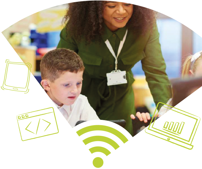 Teacher and pupils looking at tablet